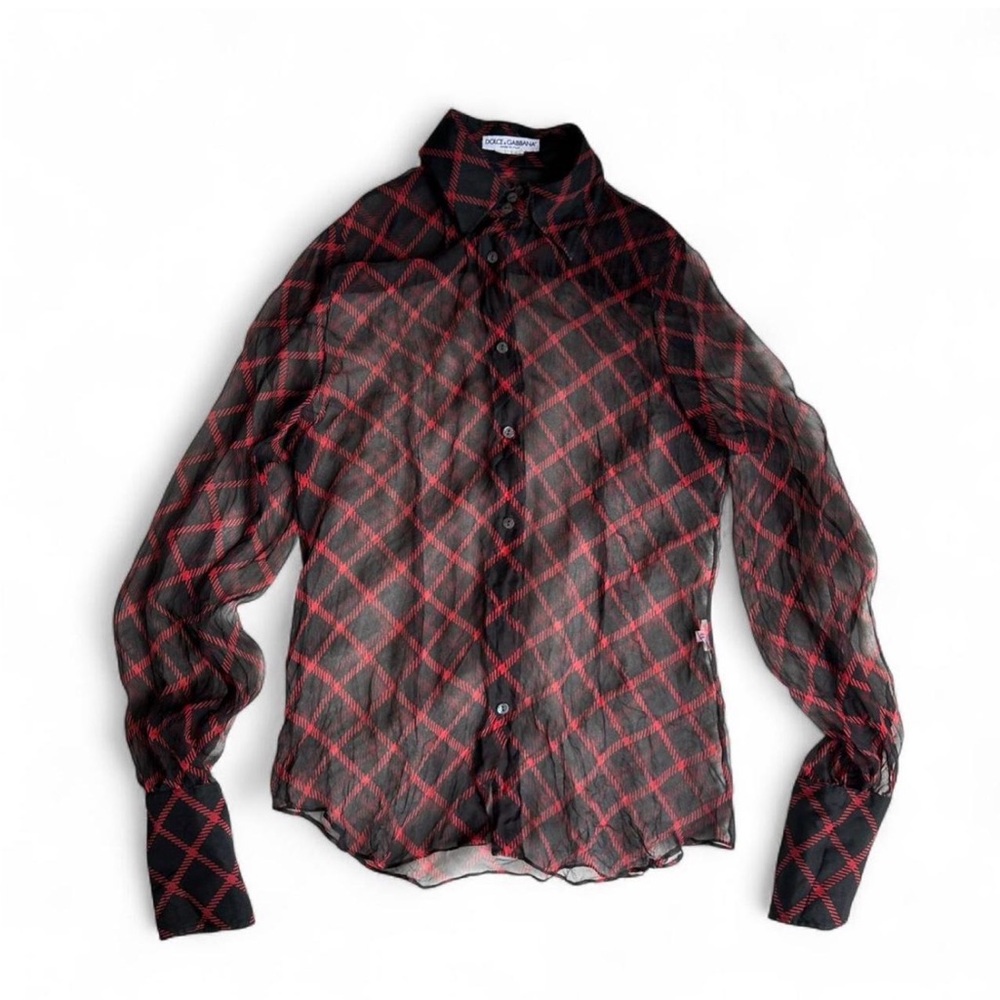 Dolce & Gabbana Sheer Silk Black and Red Button Up Top